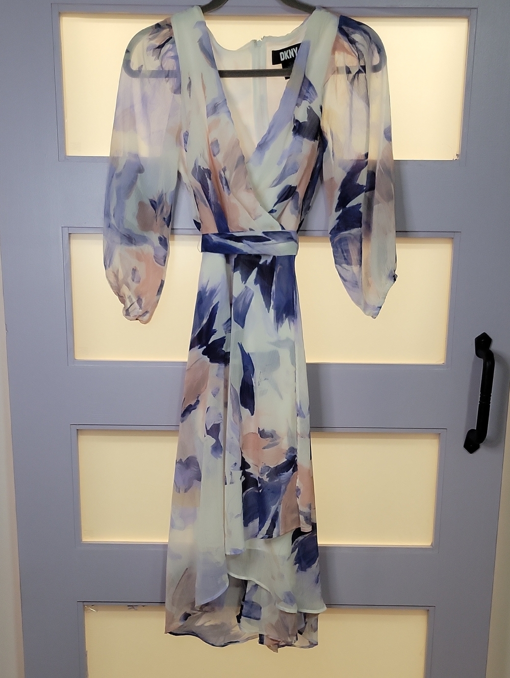 DKNY Watercolor Floral High-Low Wrap Dress in Blue and Pink